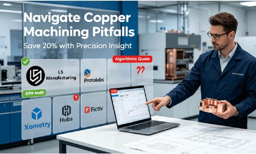 In a modern laboratory, an engineer and a procurement manager are evaluating a flawless copper prototype based on real-time SPC data; the setting also features an intuitive visual comparison highlighting the distinctions between various algorithm-driven platforms, thereby underscoring the critical importance of making strategic choices in copper procurement.