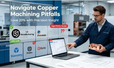 In a modern laboratory, an engineer and a procurement manager are evaluating a flawless copper prototype based on real-time SPC data; the setting also features an intuitive visual comparison highlighting the distinctions between various algorithm-driven platforms, thereby underscoring the critical importance of making strategic choices in copper procurement.
