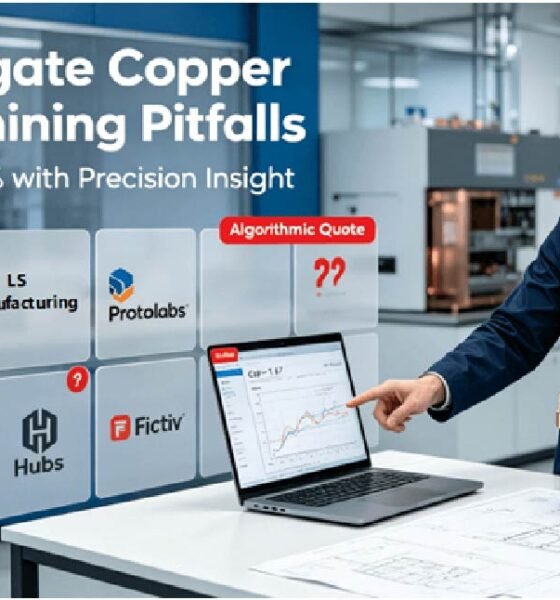 In a modern laboratory, an engineer and a procurement manager are evaluating a flawless copper prototype based on real-time SPC data; the setting also features an intuitive visual comparison highlighting the distinctions between various algorithm-driven platforms, thereby underscoring the critical importance of making strategic choices in copper procurement.